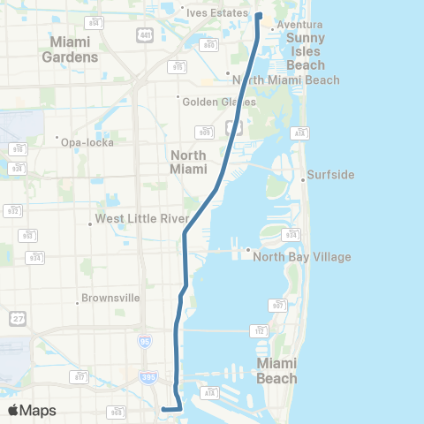 Miami-Dade Transit Aventura-Downtown via Bisc.Blvd. map