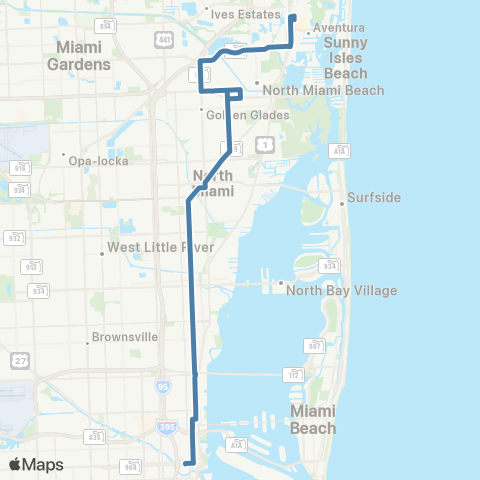 Miami-Dade Transit Aventura-Downtown via NE 2 Ave map