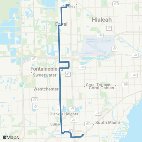 Miami-Dade Transit Medley-Dadeland North via 87 Ave map