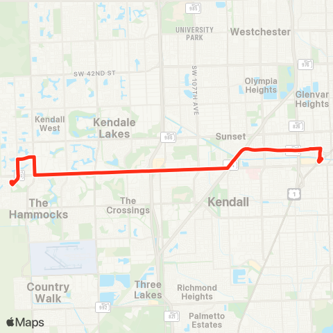 Miami-Dade Transit W. Kendall to Dadeland N via 88 St map