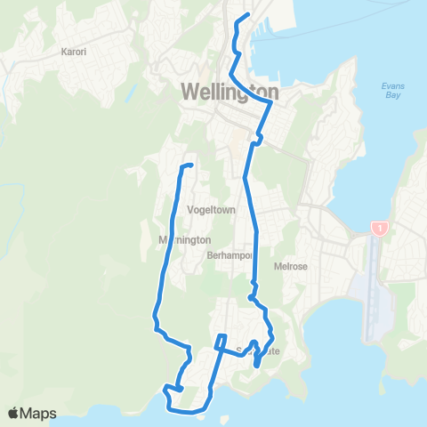 Metlink Brooklyn - Owhiro Bay - Island Bay - Southgate - Newtown - Wellington map