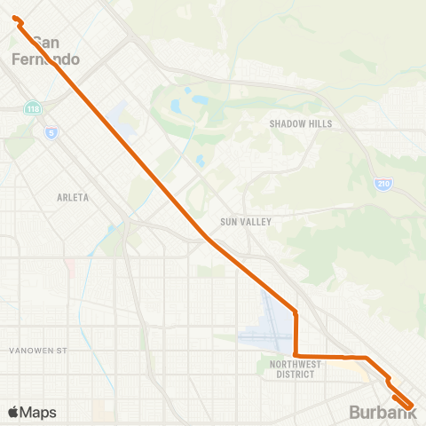 Metro Sylmar Sta - Burbank Sta - via San Fernando Rd map