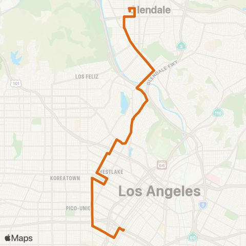 Metro Glendale-Grand Sta via San Fernando-Rampart-Hoover map