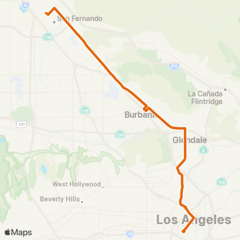 Metro Dwntwn LA - Sylmar Sta via Glendale - Glenoaks Bls map