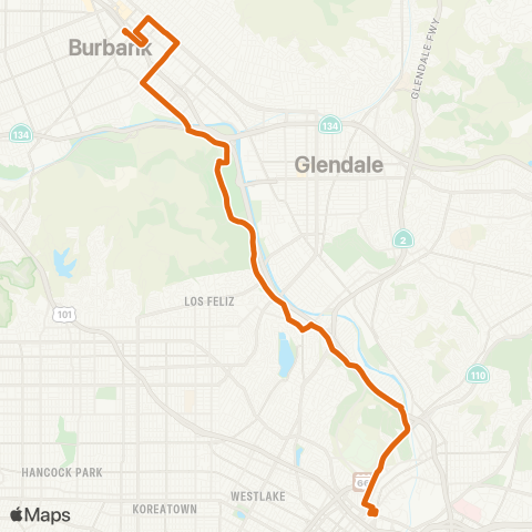 Metro Dtwn LA - Burbank Sta via Griffith Park map