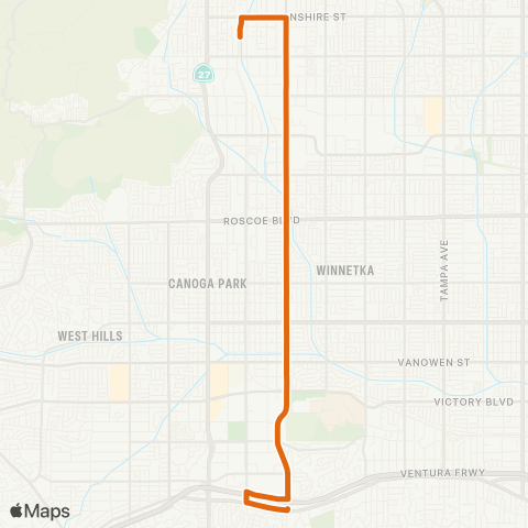 Metro Chatsworth Sta-Woodland Hills via De Soto Av map