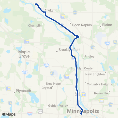 Metro Transit Express-Riverdale P&R-Foley P&R-Mpls map