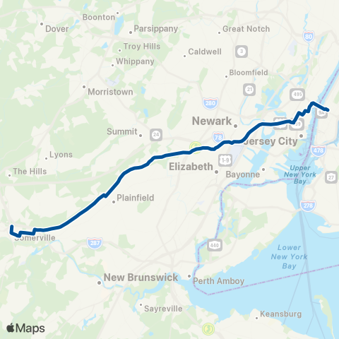 NJ Transit Somerville - New York Express map