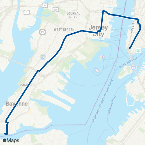 NJ Transit Bayonne - New York Downtown map