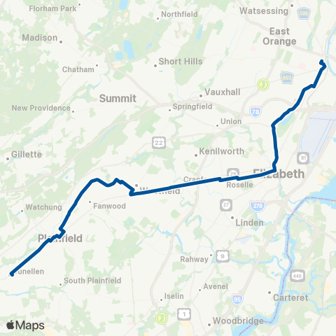 NJ Transit Plainfield - Newark map