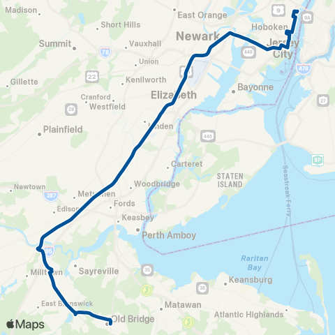 NJ Transit Old Bridge-E Brunswick-Jersey City - Weehawken map