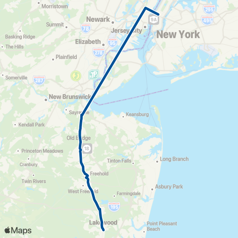 NJ Transit Lakewood - Old Bridge - New York (via Route 9) map