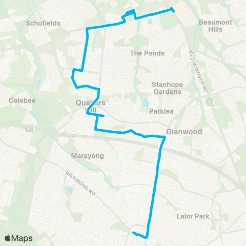 Sydney Buses Network Rouse Hill Sta to Blacktown via The Ponds map