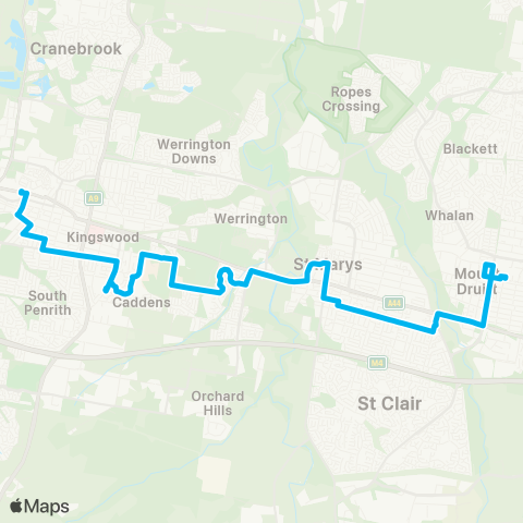 Sydney Buses Network Mount Druitt to Penrith via St Marys map