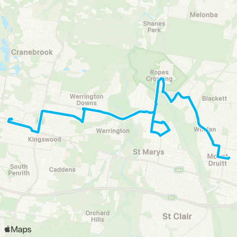 Sydney Buses Network Mount Druitt to Penrith via Ropes Xing map