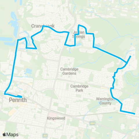Sydney Buses Network Werrington to Penrith via Jordan Springs map