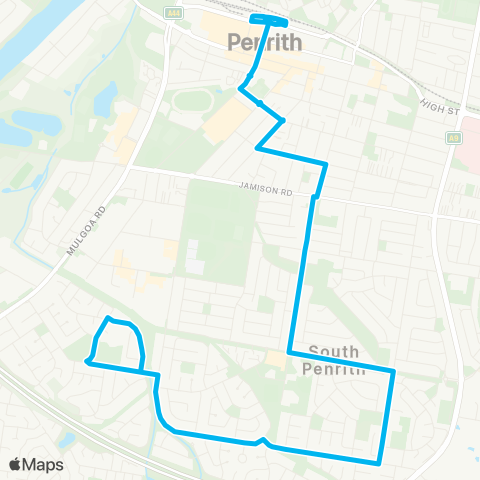 Sydney Buses Network Penrith to Jamisontown via S Penrith (Loop Service) map