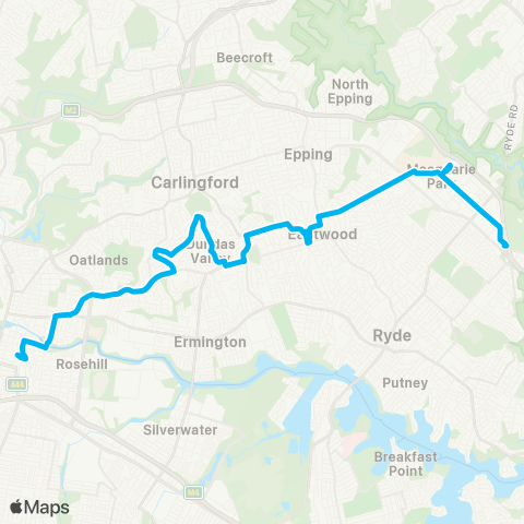 Sydney Buses Network Parramatta to Macquarie Pk via Telopea & Eastwood map