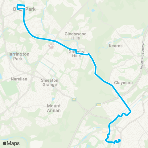 Sydney Buses Network Oran Park to Campbelltown map