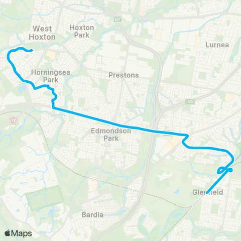 Sydney Buses Network Carnes Hill to Glenfield via Horningsea Pk map