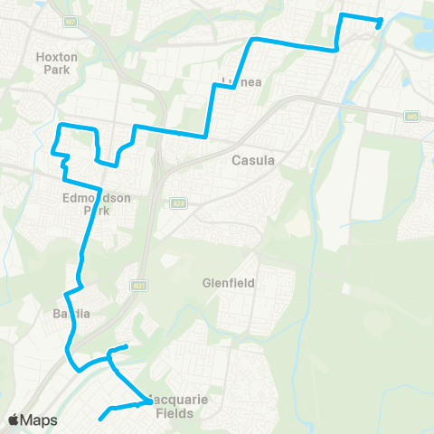 Sydney Buses Network Ingleburn to Liverpool via Edmondson Pk & Prestons map