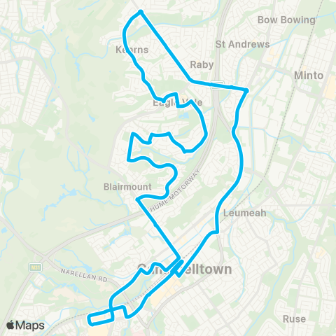 Sydney Buses Network Campbelltown to Kearns via Eagle Vale & Eschol Pk (Loop Service) map