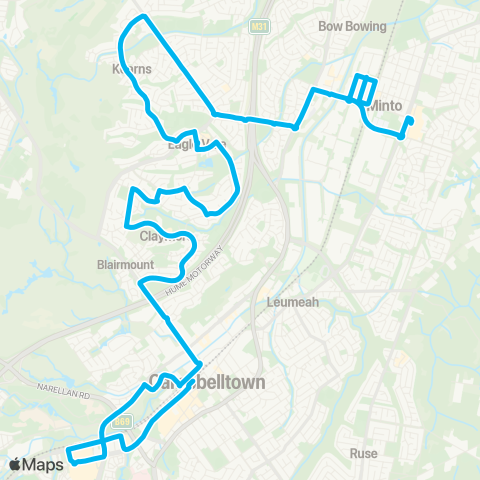 Sydney Buses Network Campbelltown to Minto via Eagle Vale & Kearns map