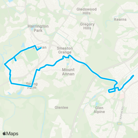 Sydney Buses Network Campbelltown to Narellan via Spring Farm & Elderslie map