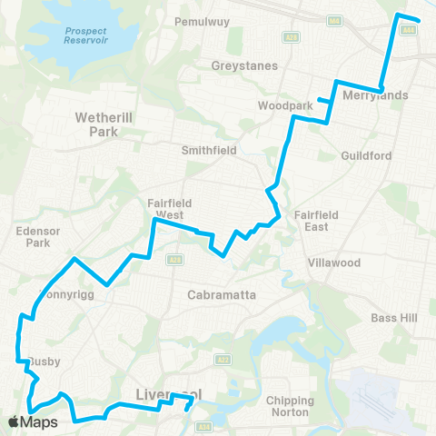 Sydney Buses Network Liverpool to Parramatta via Guildford W map