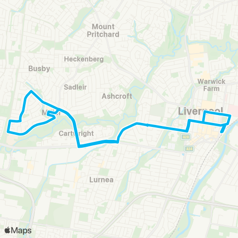 Sydney Buses Network Liverpool to Miller (Loop Service) map