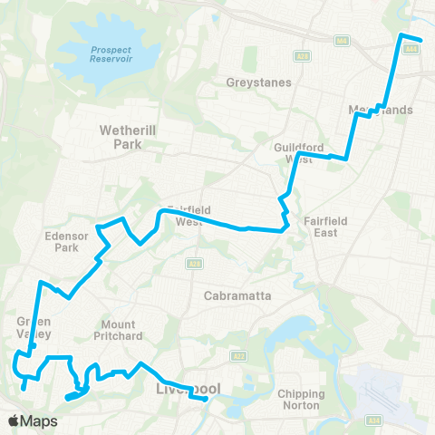 Sydney Buses Network Liverpool to Parramatta via Fairfield W map