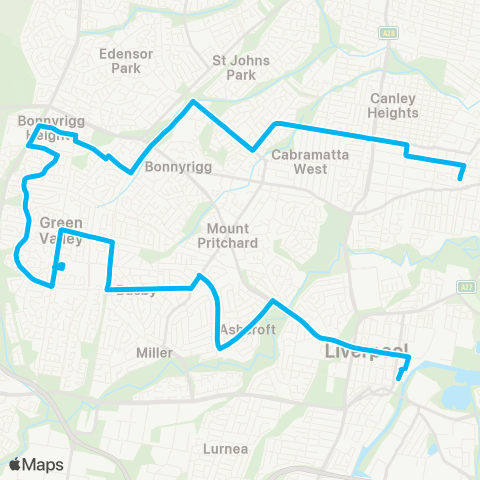 Sydney Buses Network Liverpool to Cabramatta via Bonnyrigg Hts map