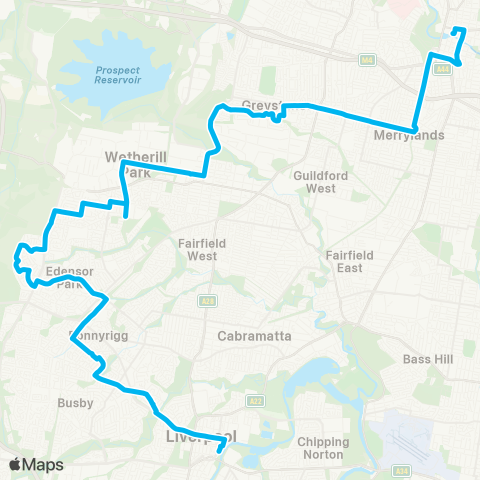 Sydney Buses Network Liverpool to Parramatta via Abbotsbury map