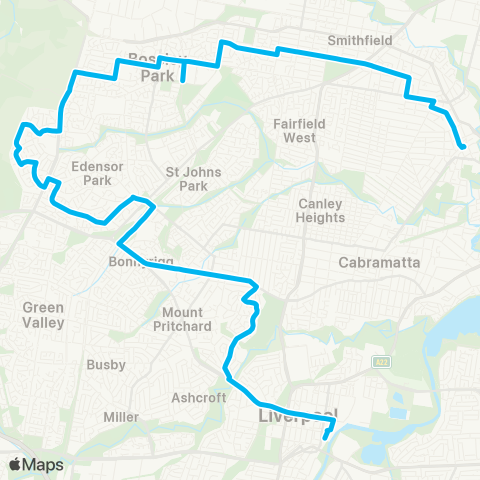 Sydney Buses Network Liverpool to Fairfield via Abbotsbury map