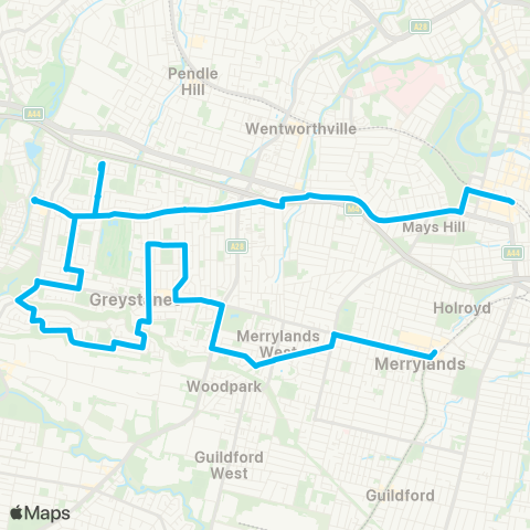 Sydney Buses Network Merrylands to Parramatta via Pemulwuy map