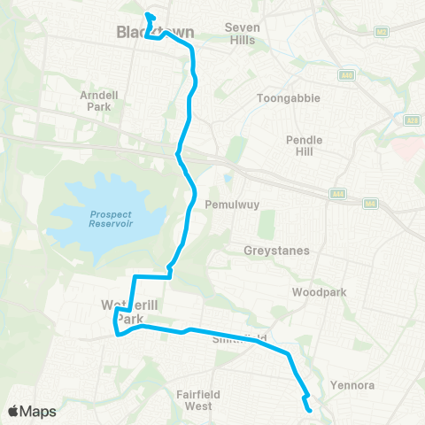 Sydney Buses Network Blacktown to Fairfield via Prospect Hwy map