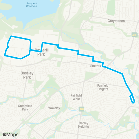 Sydney Buses Network Fairfield to Smithfield and Wetherill Pk Industrial Area (Loop Service) map
