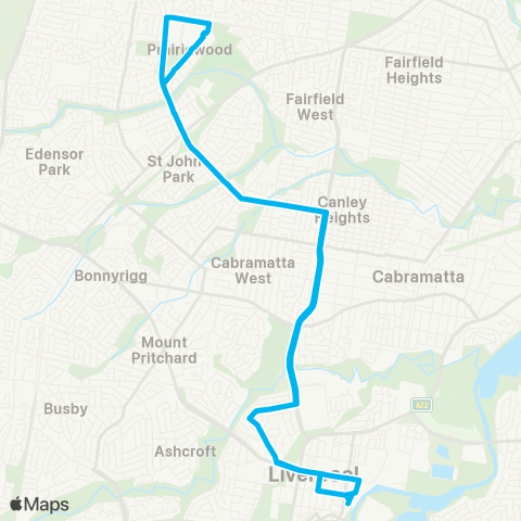 Sydney Buses Network Liverpool to Prairiewood via Orange Grove Rd (Loop Service) map