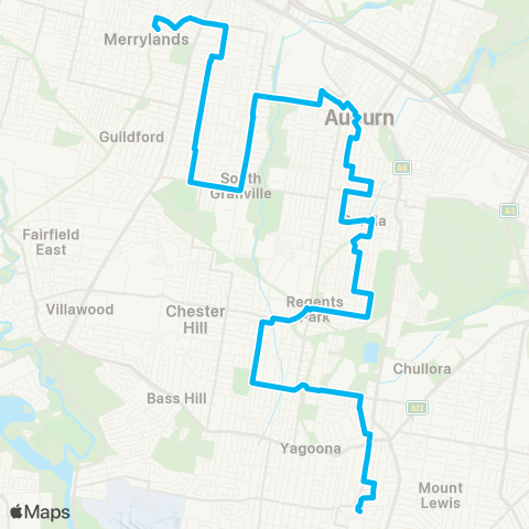 Sydney Buses Network Merrylands to Bankstown via Birrong & Auburn map