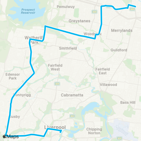 Sydney Buses Network Liverpool to Parramatta via T-way map