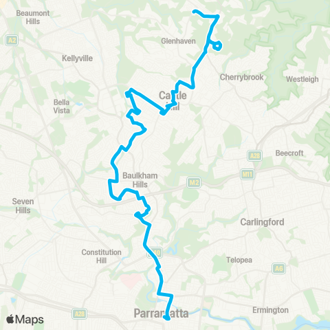 Sydney Buses Network Dural to Parramatta via Castle Hill map