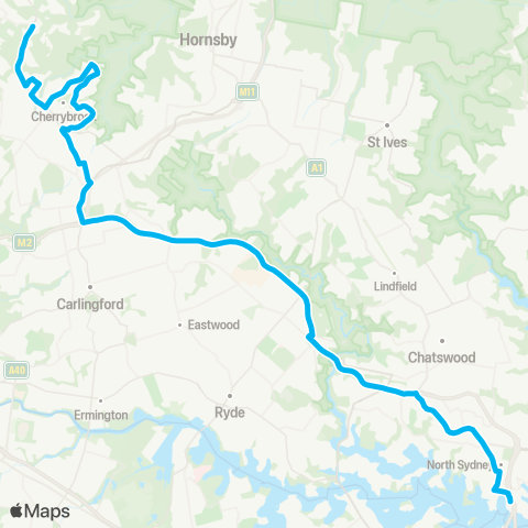 Sydney Buses Network Dural to Milsons Point via Cherrybrook map