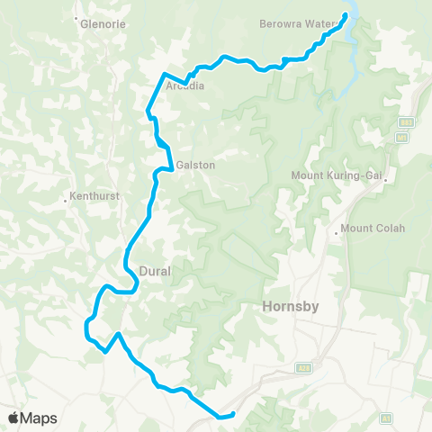 Sydney Buses Network Berowra Waters to Castle Hill or Pennant Hills map