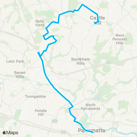 Sydney Buses Network Castle Hill to Parramatta via Bella Vista & N W Twy map