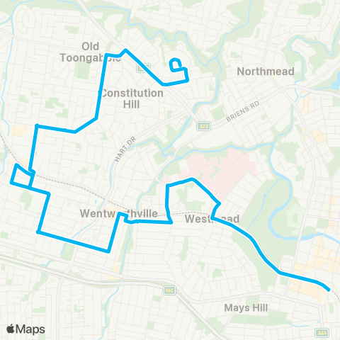 Sydney Buses Network Constitution Hill Retirement Community to Parramatta via Pendle Hill map