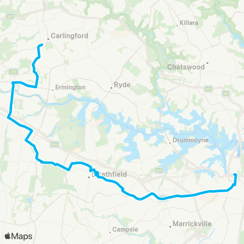 Sydney Buses Network Carlingford to City Town Hall via Strathfield (Night Service) map