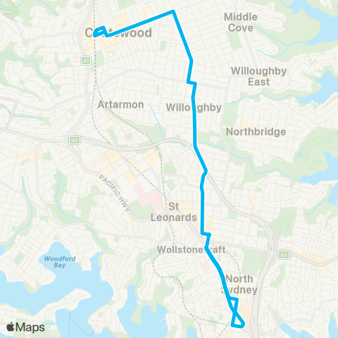 Sydney Buses Network Chatswood to N Sydney Sta (Loop Service) map