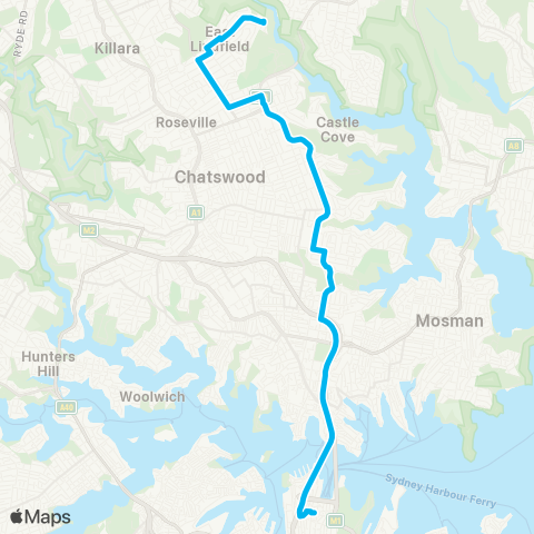 Sydney Buses Network E Lindfield to City Bridge St via Fwy map