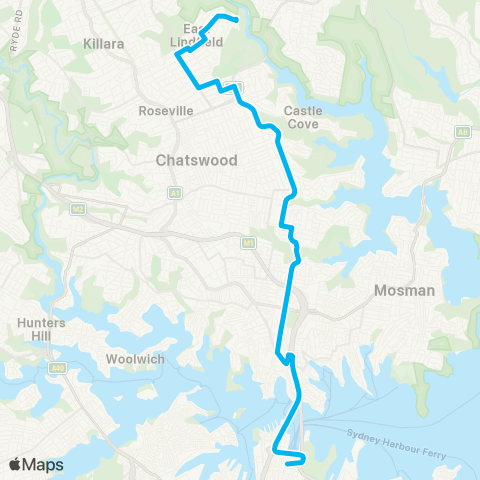 Sydney Buses Network E Lindfield to City Bridge St via N Sydney map