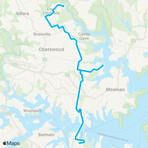 Sydney Buses Network E Lindfield to City Bridge St via Northbridge & N Sydney map